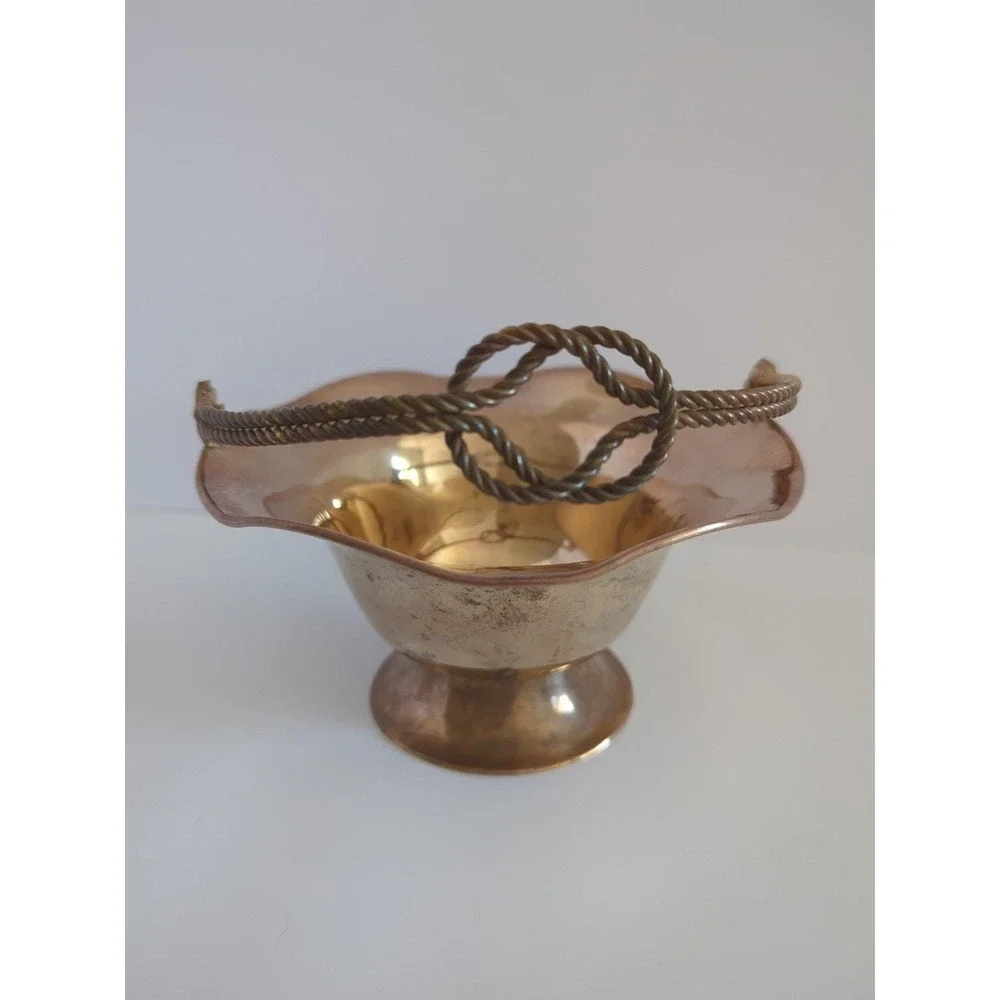 Vintage Brass Flower Basket Rotating Knot Handle Scalloped Patina Trinket Dish